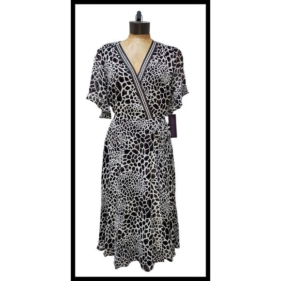 NWT Hale Bob Leigh Georgette Wrap Dress Lined ASO Brown Taupe Animal Print Large - Picture 4 of 13